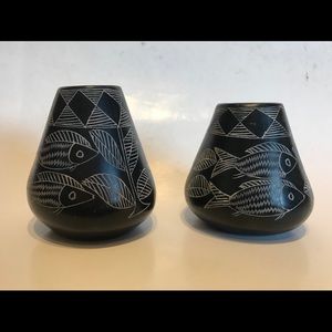 Pair Of Vintage Carved Black Stone Bud Vases Etched Fish & Leaf Pattern. 3-3.25”